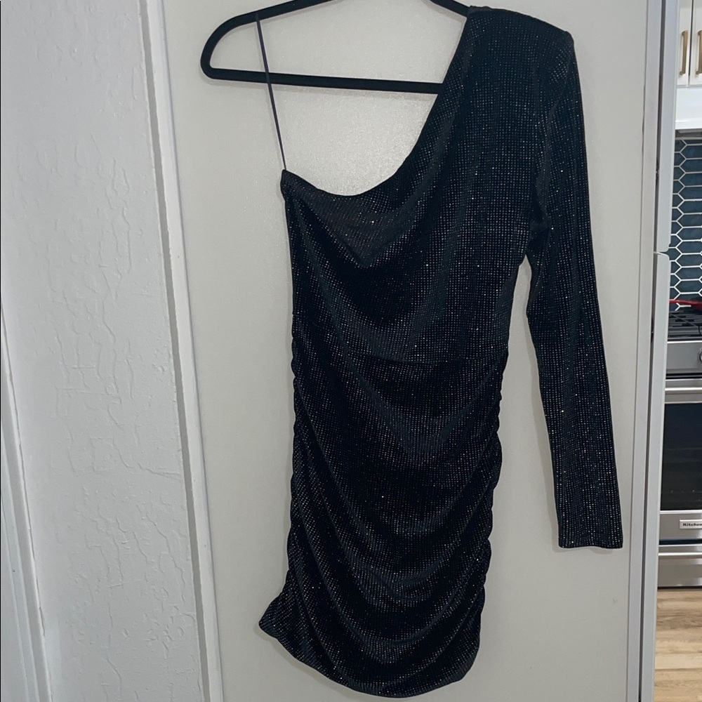 NBD Alexia One Shoulder Mini Dress in Black Metallic | L